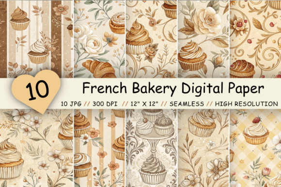 French Bakery Digital Paper Pack for Crafts
