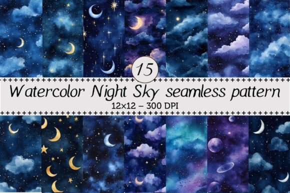 Watercolor Night Sky Seamless Pattern for Designers